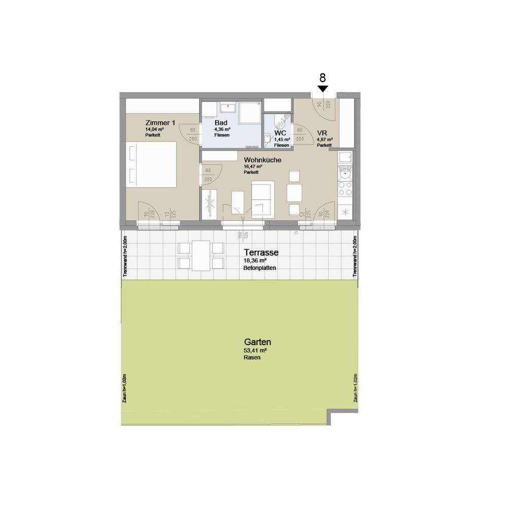 Grundriss einer Wohnung mit einem Zimmer, Wohnküche, Terrasse und Gartenbereich.