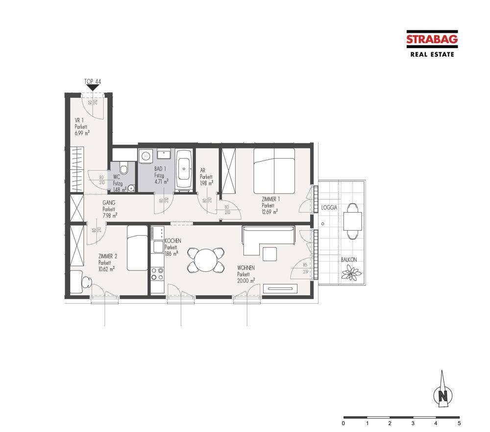 Grundriss einer Wohnung mit zwei Schlafzimmern, Loggia und Balkon.