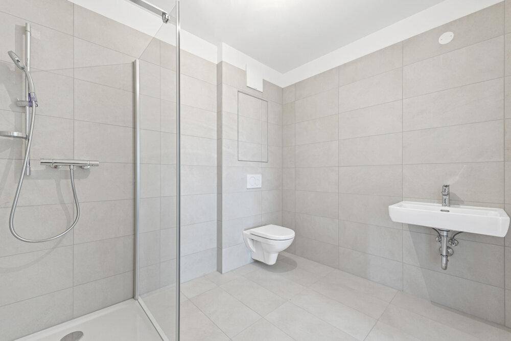 Modernes Badezimmer mit begehbarer Dusche, Wand-WC und einem einzelnen Waschbecken.