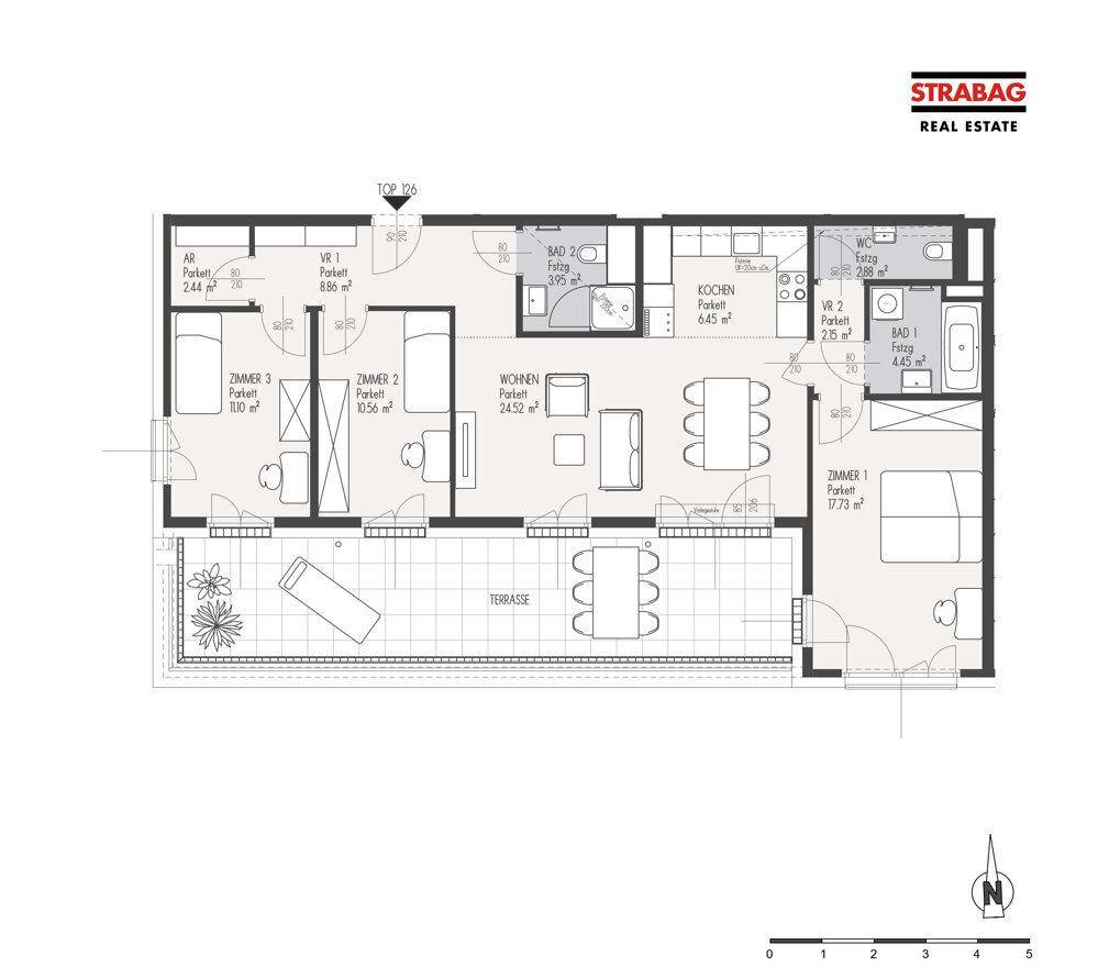 Grundriss einer Wohnung mit drei Zimmern, zwei Bädern, separatem WC und großer Terrasse.
