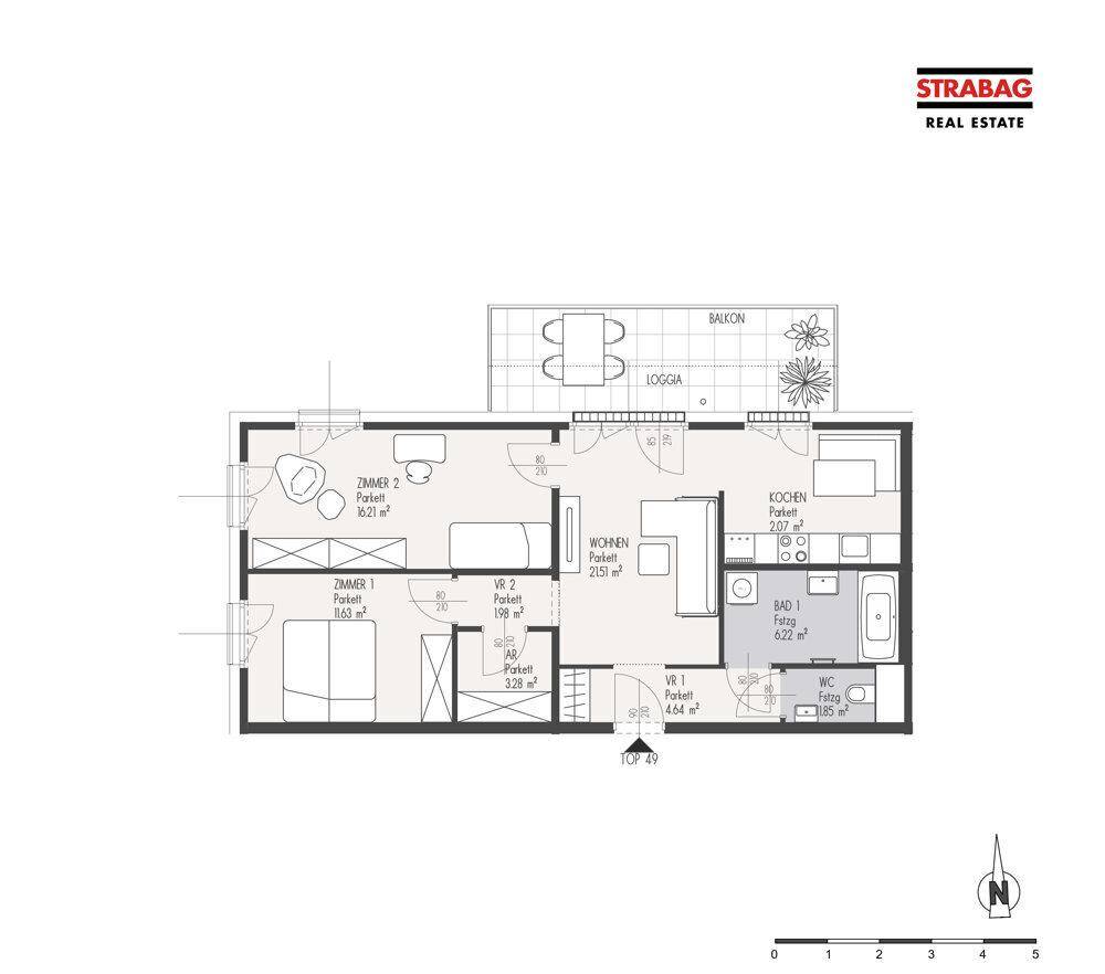 Grundriss einer Wohnung mit zwei Zimmern, separatem WC, Bad, Loggia und Balkon.