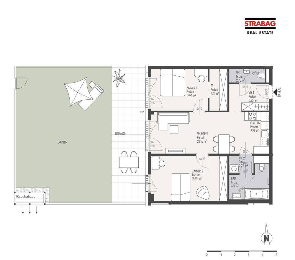 Grundriss einer modernen Wohnung mit zwei Schlafzimmern, offenem Wohnbereich, großer Terrasse und privatem Garten.