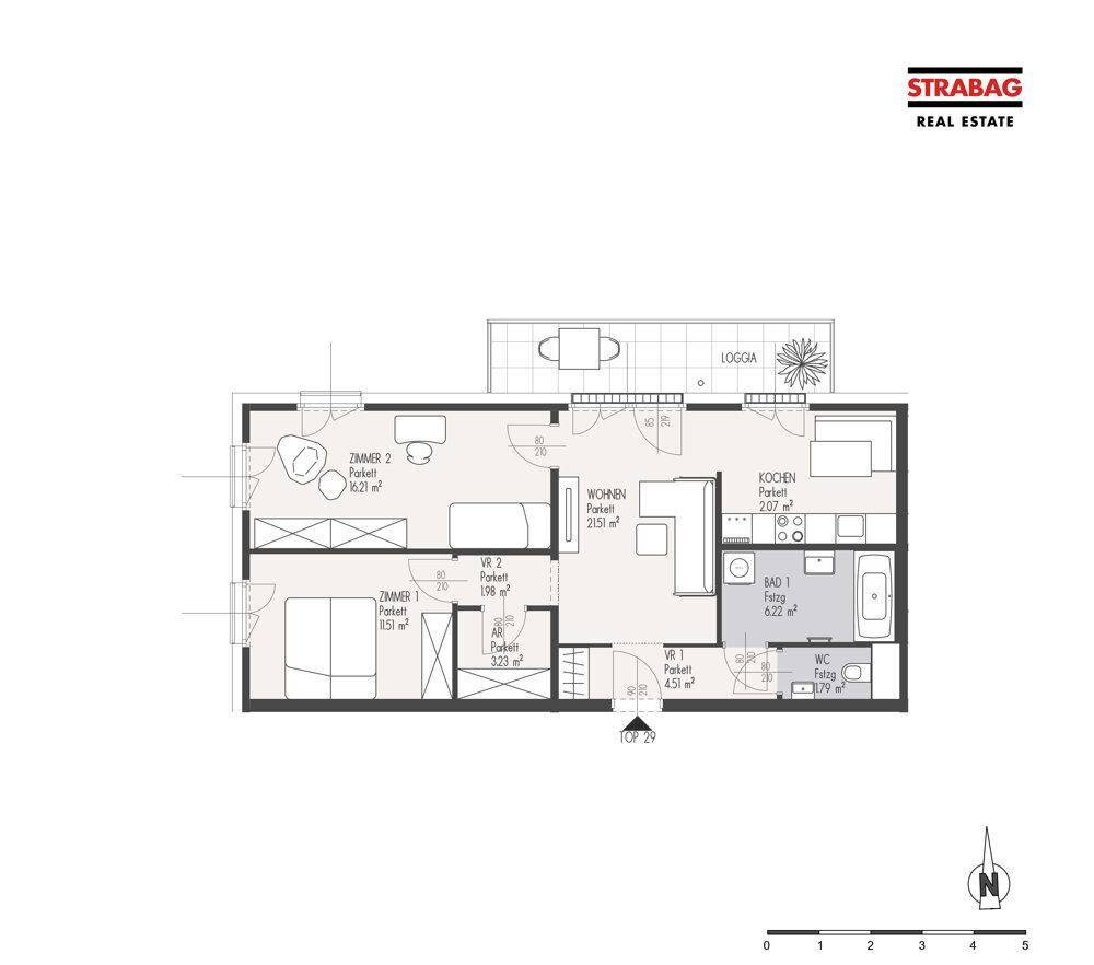 Grundriss einer Wohnung mit zwei Schlafzimmern, Wohnbereich, Küche, Bad und separatem WC sowie Loggia.