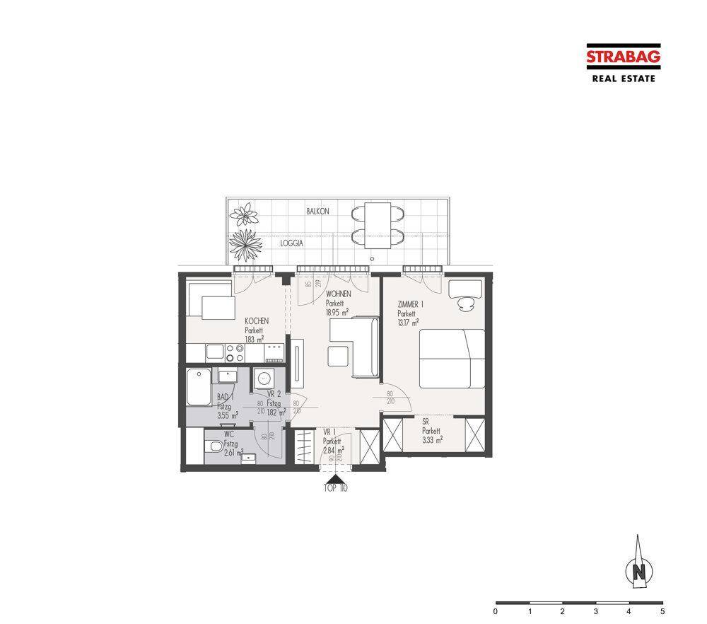 Grundriss einer Wohnung mit offenem Wohnbereich, einem Schlafzimmer, Balkon und Loggia.