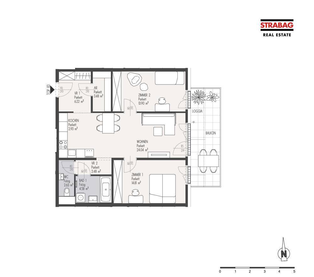 Grundriss einer Wohnung mit zwei Schlafzimmern, offenem Wohnbereich, Loggia und Balkon.