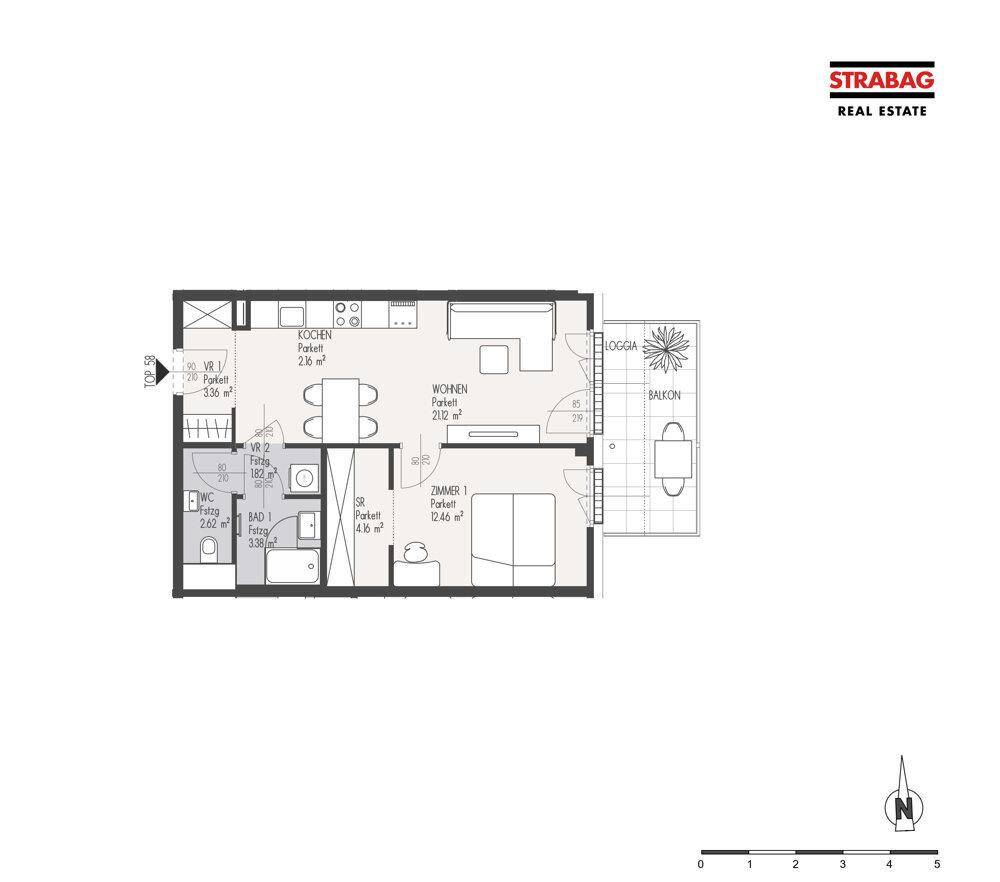 Grundriss einer Wohnung mit offenem Wohn- und Kochbereich, einem Schlafzimmer, Bad, separatem WC und Balkon.