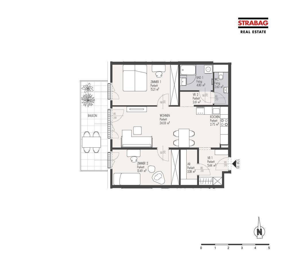 Grundriss einer Wohnung mit zwei Schlafzimmern, offenem Wohnbereich, Bad, separatem WC und Balkon.