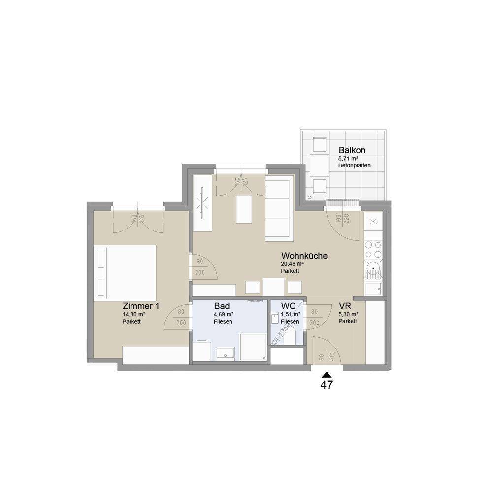 Detaillierter Grundriss einer Wohnung mit Wohnküche, Schlafzimmer, Bad und Balkon.