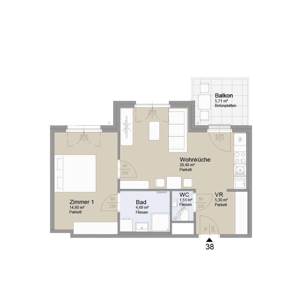 Grundriss einer Wohnung mit Wohnküche, Schlafzimmer, Bad und Balkon.