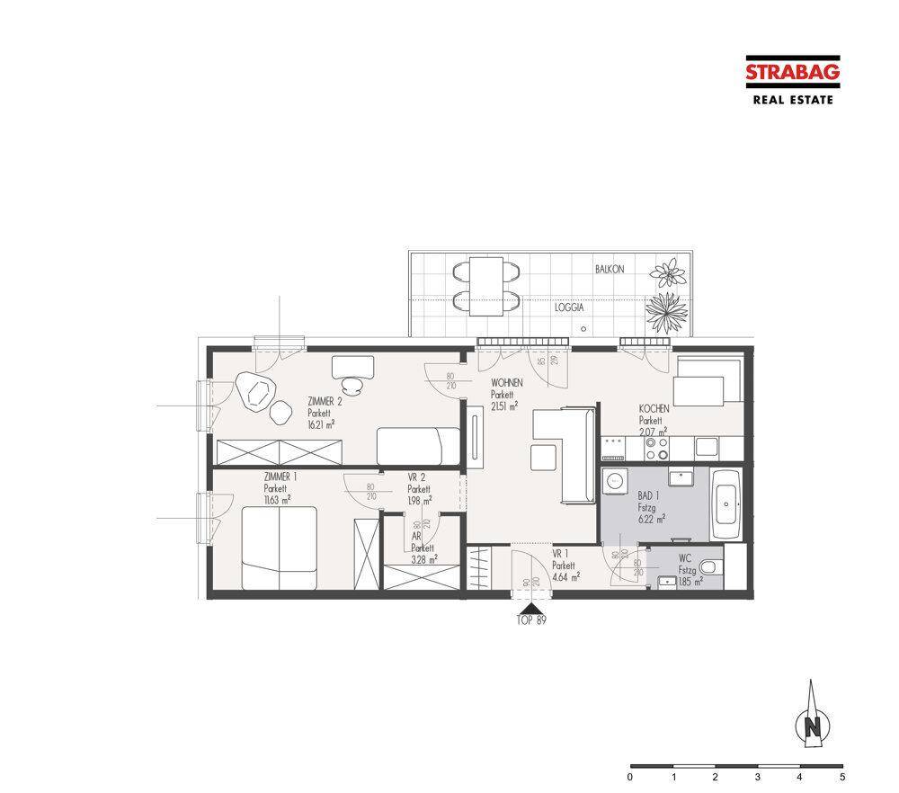 Grundriss einer Wohnung mit zwei Schlafzimmern, separatem WC, Badewanne, Balkon und Loggia.