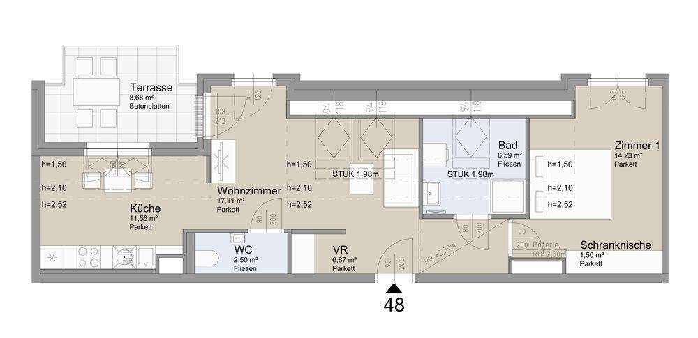 Detaillierter Grundriss einer Wohnung mit Terrasse, Küche, Wohnzimmer und Schlafzimmer.
