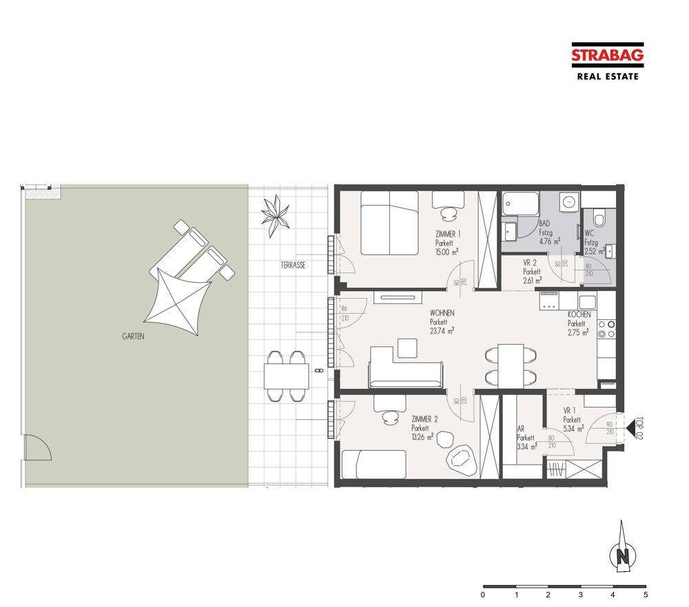 Grundriss einer Wohnung mit zwei Schlafzimmern, Bad, separatem WC, Wohnbereich, Terrasse und Garten.