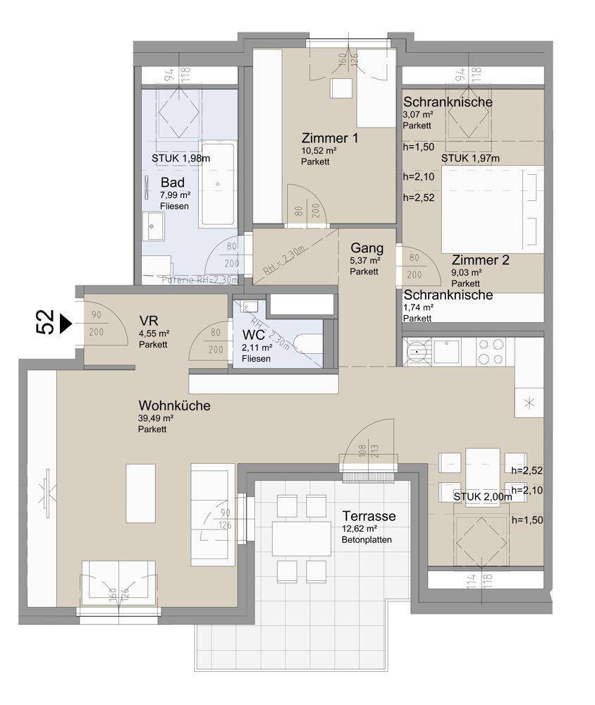 Detaillierter Grundriss einer Wohnung mit Terrasse, zwei Schlafzimmern und offener Wohnküche.