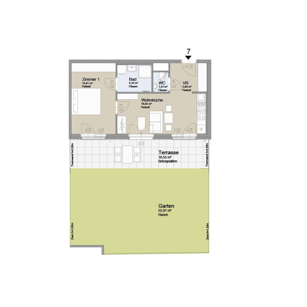Grundriss einer Wohnung mit einem Schlafzimmer, offener Wohnküche, Bad, separatem WC, Terrasse und Garten.