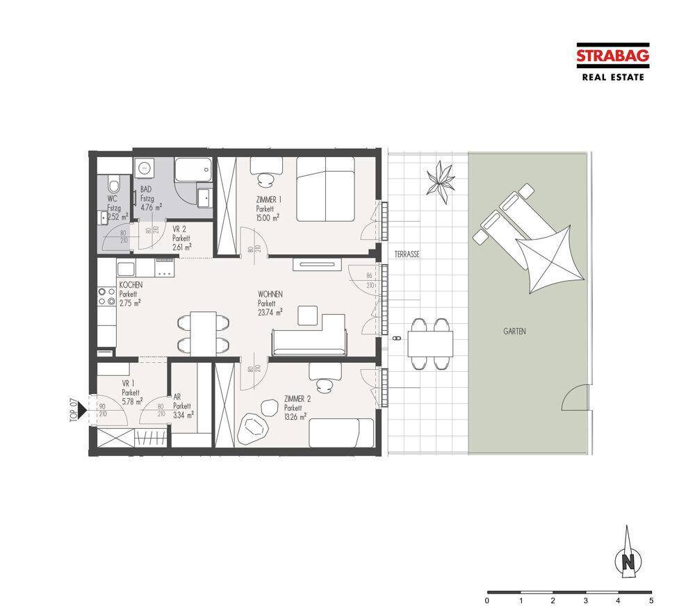 Grundriss einer Wohnung mit offenem Wohnbereich, zwei Schlafzimmern, Bad, separatem WC und Zugang zu Terrasse und Garten.