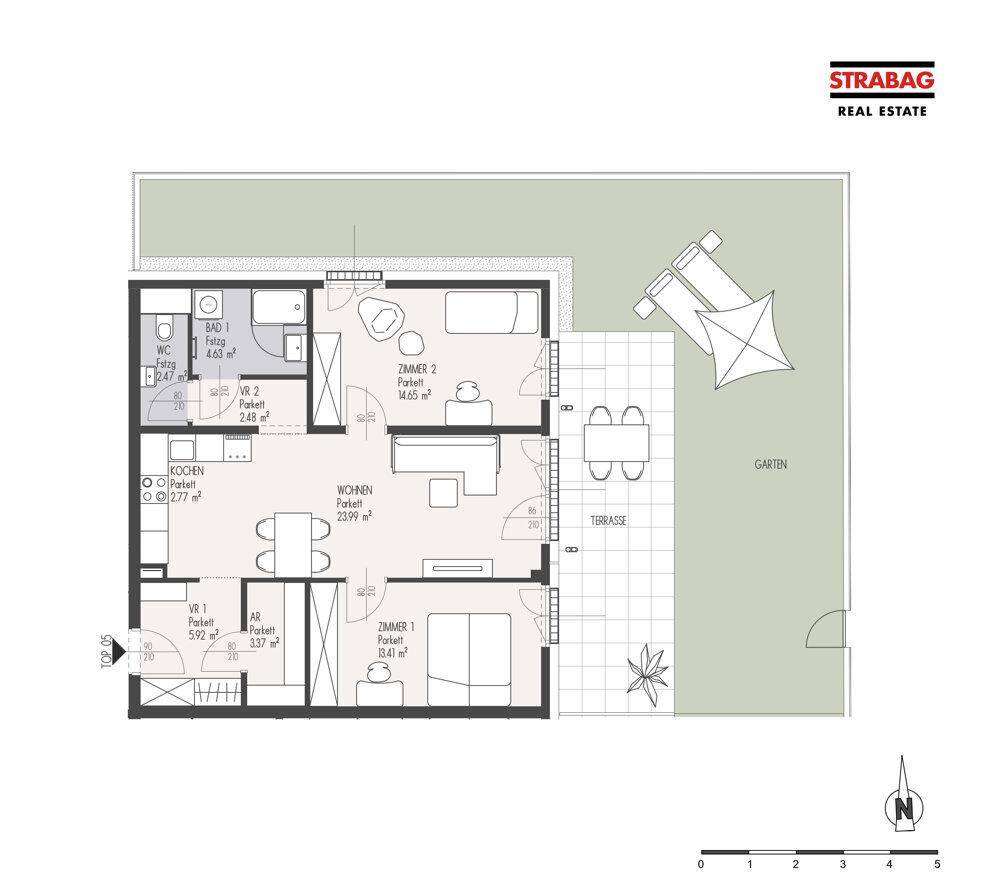 Grundriss einer modernen Wohnung mit offenem Wohnbereich, zwei Schlafzimmern, Terrasse und Garten.