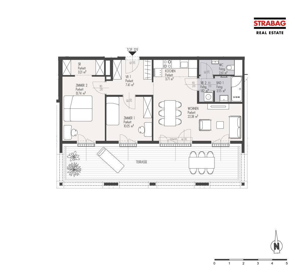 Grundriss einer Wohnung mit drei Zimmern, offener Küche, Terrasse und zwei Bädern.