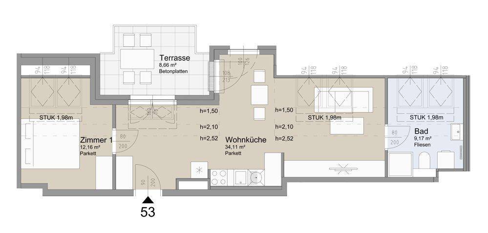 Grundriss der Wohnung mit Wohnküche, Schlafzimmer und Terrasse.