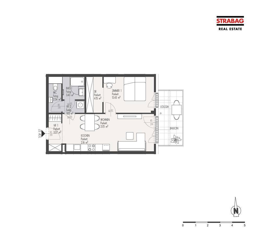 Grundriss einer Wohnung mit einem Schlafzimmer, offener Küche und Zugang zu Loggia und Balkon.