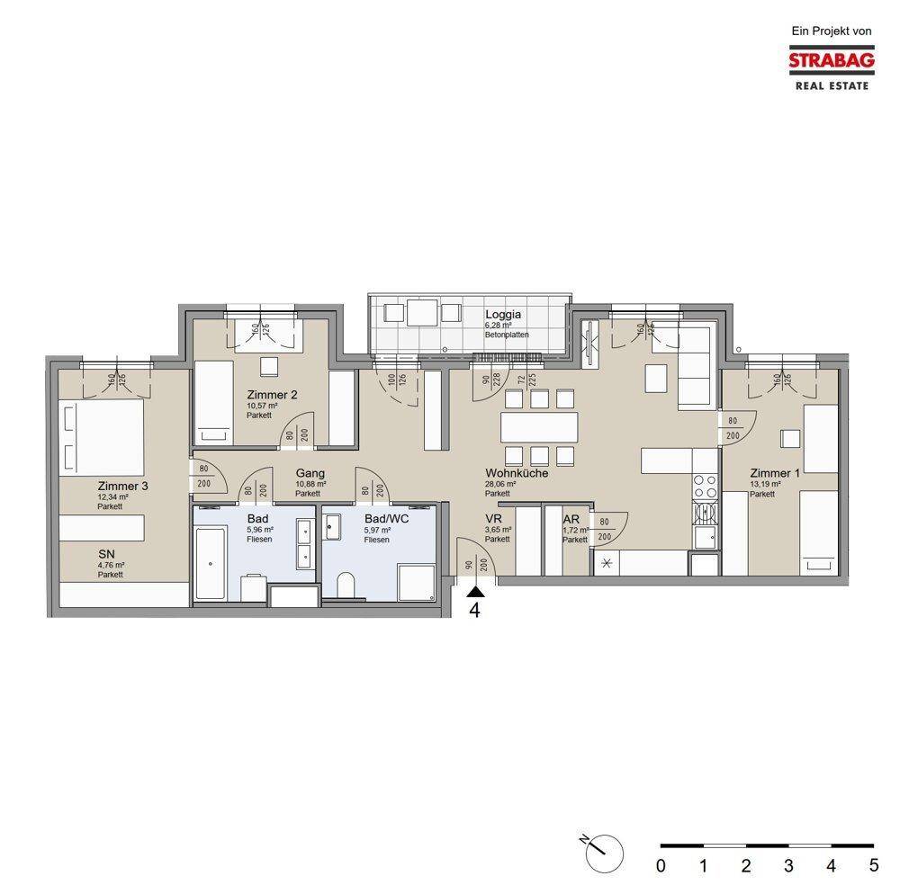 Detaillierter Grundriss einer Wohnung mit mehreren Zimmern, Bad und Loggia.