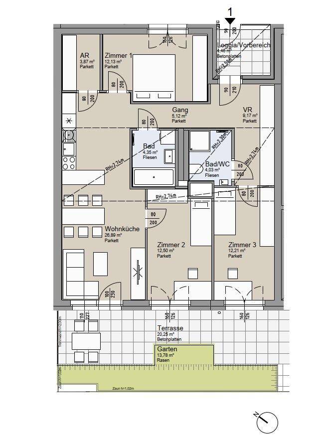 Detaillierter Grundriss einer Wohnung mit drei Zimmern, offener Wohnküche und großzügiger Terrasse.