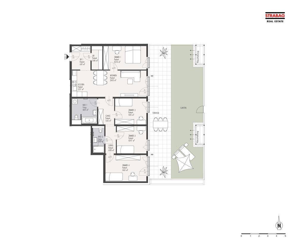 Grundriss einer modernen Wohnung mit drei Schlafzimmern, zwei Bädern und großer Terrasse mit Gartenanteil.
