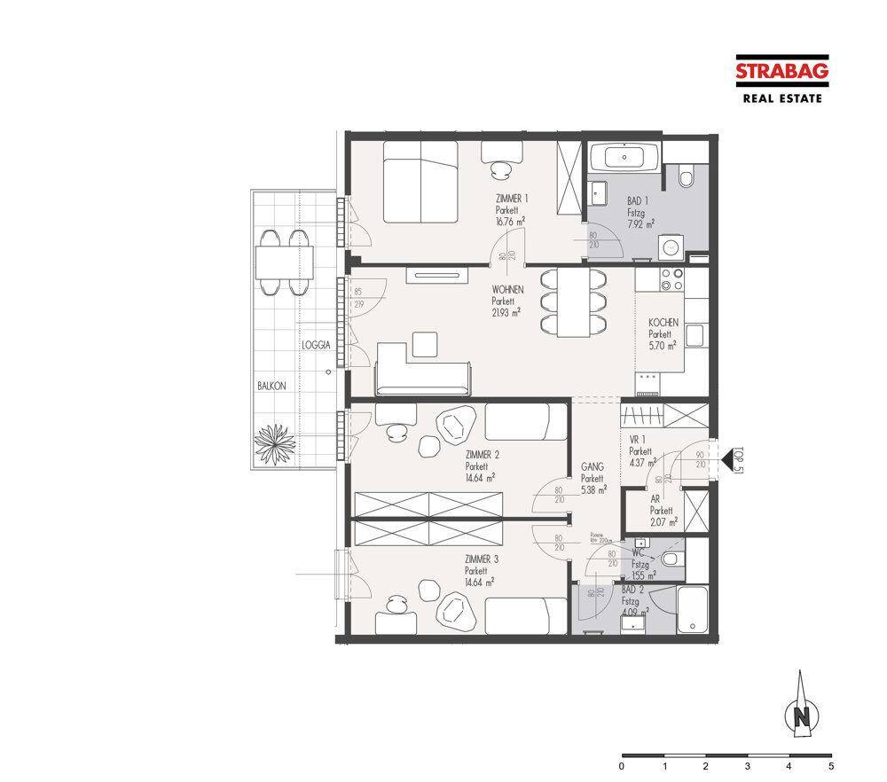 Grundriss einer Wohnung mit drei Zimmern, zwei Bädern, Balkon und Loggia.