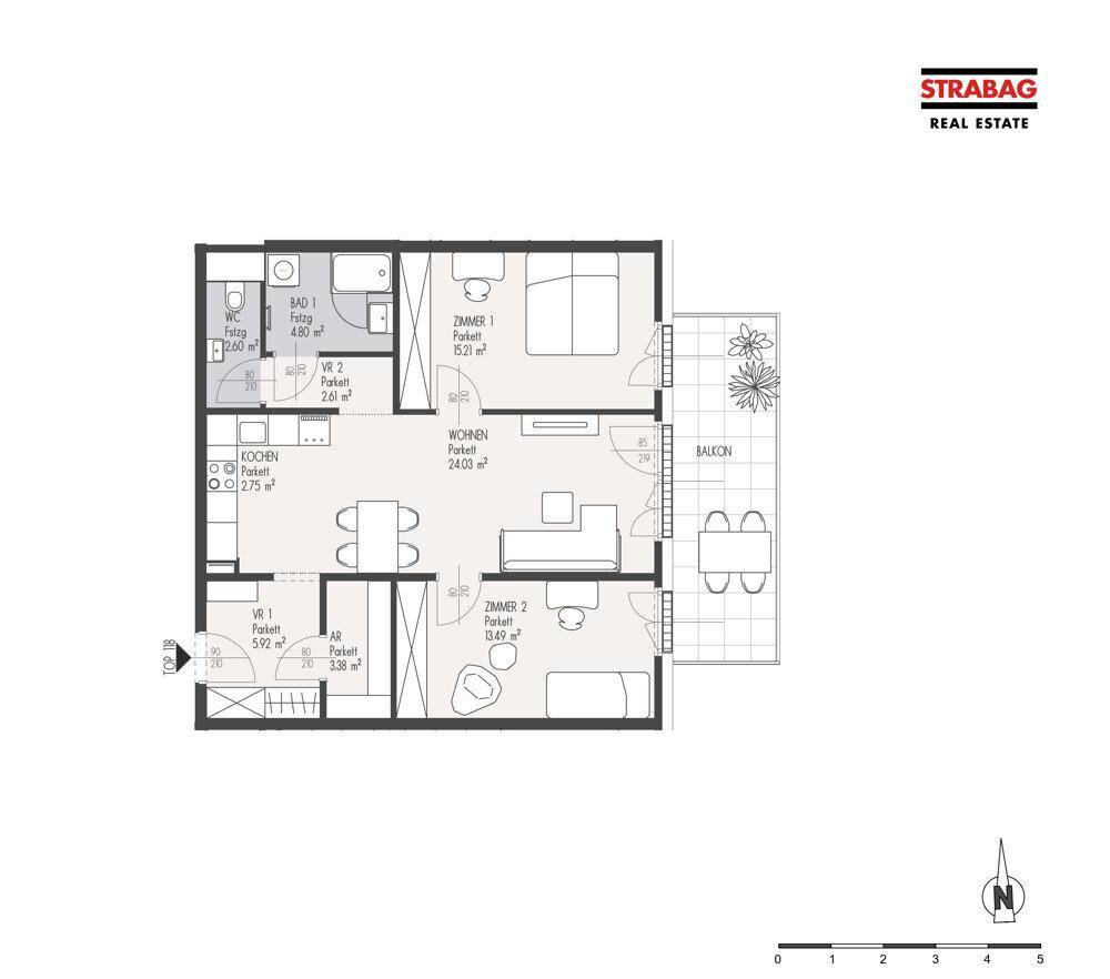 Grundriss einer Wohnung mit zwei Schlafzimmern, offenem Wohnbereich und Balkonzugang.