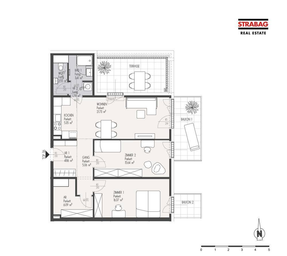 Grundriss einer Wohnung mit offenem Wohnbereich, zwei Schlafzimmern, zwei Bädern und großzügigen Außenbereichen.