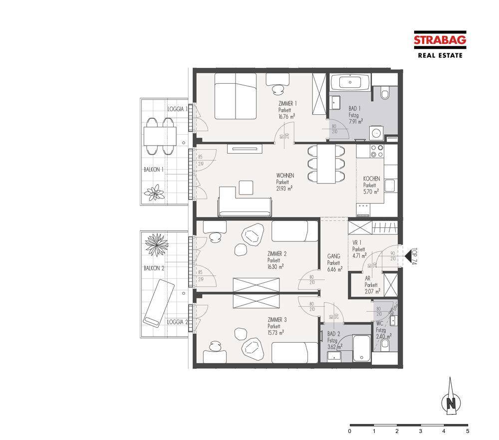 Grundriss einer Wohnung mit drei Zimmern, zwei Bädern, Balkonen und Loggien.
