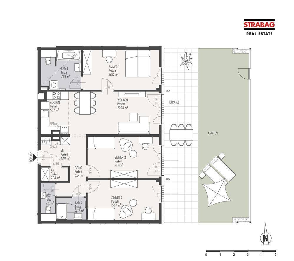 Grundriss einer Wohnung mit drei Zimmern, zwei Bädern, großer Terrasse und privatem Garten.