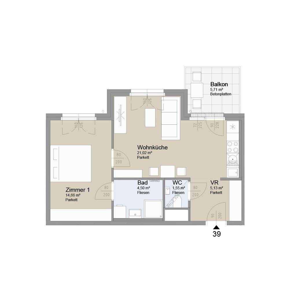 Grundriss einer Wohnung mit Wohnküche, Schlafzimmer, Bad, WC und Balkon.