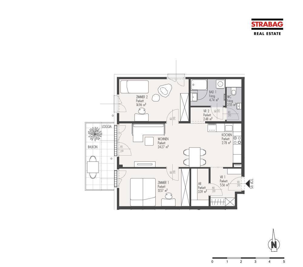 Grundriss einer Wohnung mit zwei Schlafzimmern, separater Küche, Bad und Balkon.