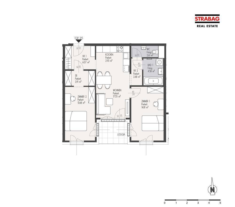 Grundriss einer Wohnung mit offener Wohnküche, zwei Schlafzimmern, Bad, separatem WC und Loggia.