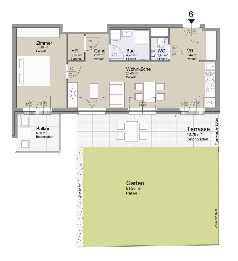 Detaillierter Grundriss einer Wohnung mit Schlafzimmer, Wohnküche, Bad, Balkon, Terrasse und Garten.