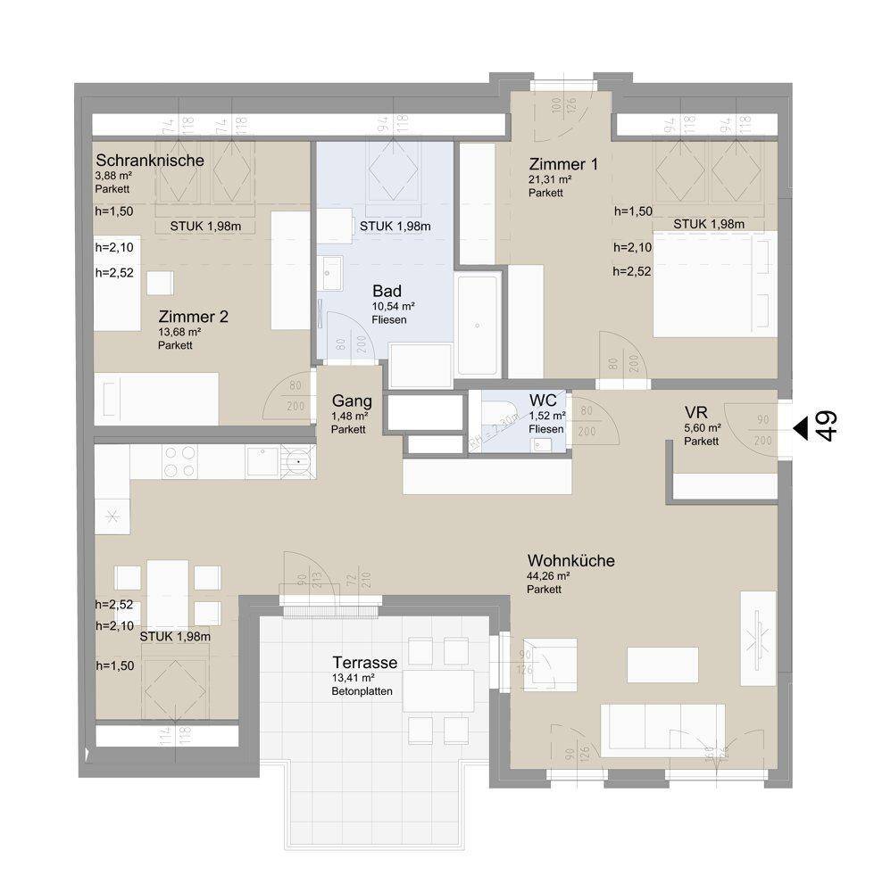 Detaillierter Grundriss einer Wohnung mit mehreren Zimmern und Terrasse.