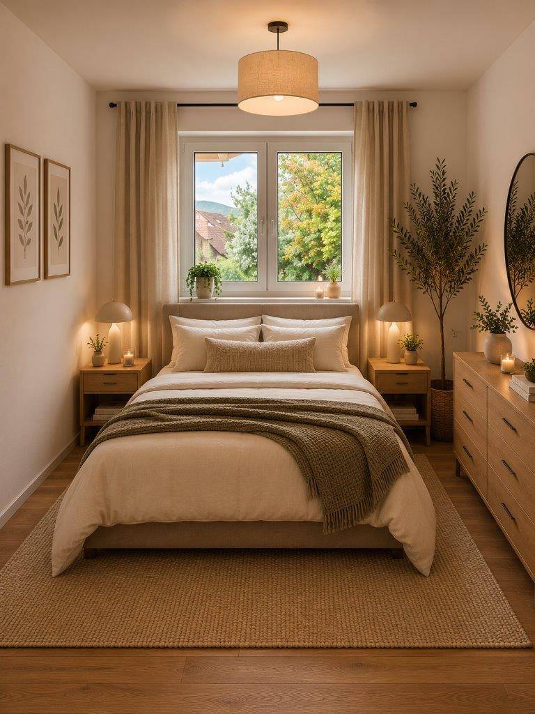 Helles Schlafzimmer mit Holzboden, beiger Einrichtung und Fenster mit Ausblick auf die Umgebung.