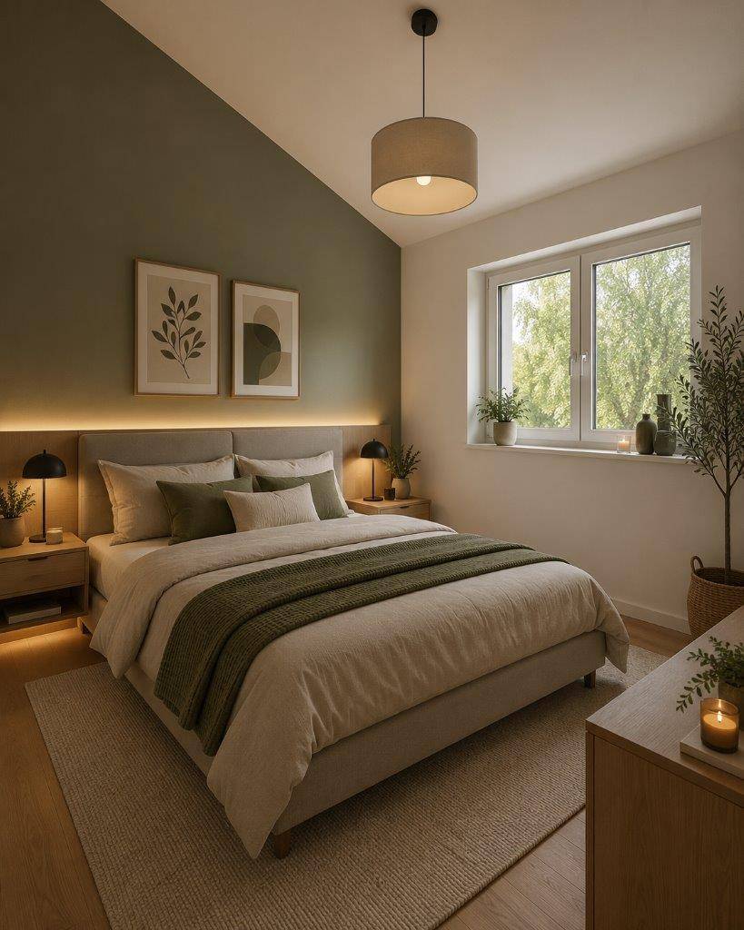Gemütliches Schlafzimmer mit Holzboden, grüner Akzentwand und großem Fenster mit Blick ins Grüne.