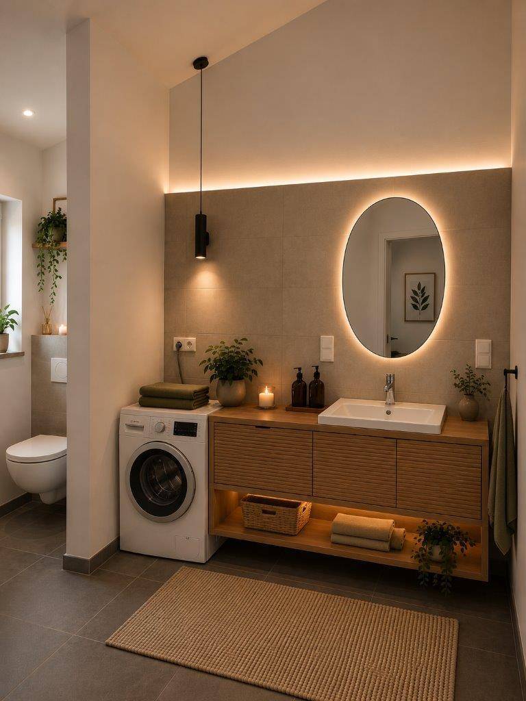Modernes Badezimmer mit Waschbecken, beleuchtetem Spiegel und integrierter Waschmaschine, in neutralen Tönen.