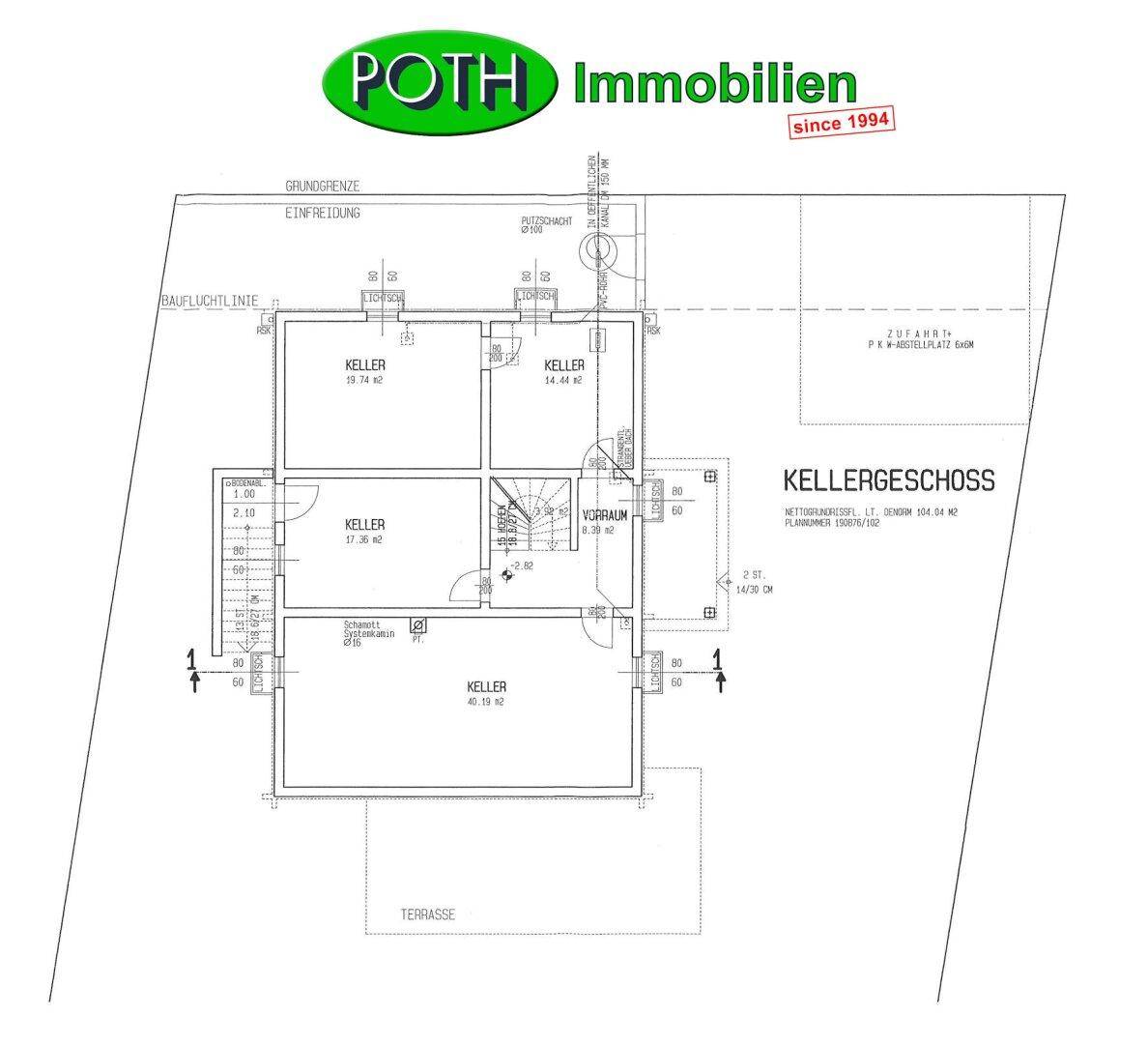 Grundriss des Kellergeschosses mit mehreren Kellerräumen und Vorraum.