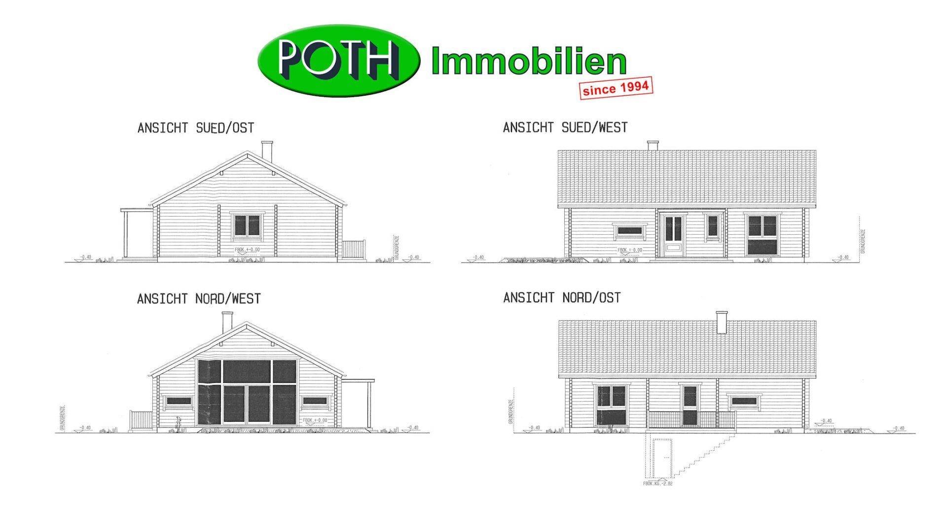 Architektonische Ansichten des Hauses von allen vier Seiten.