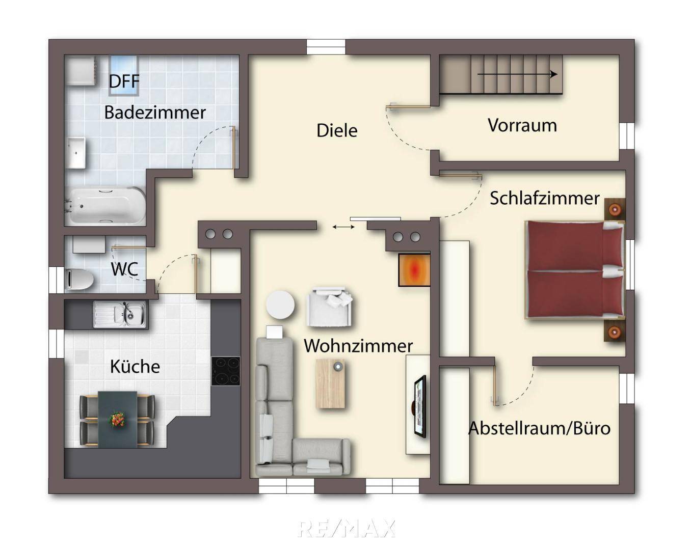 Grundriss DG möbliert als schematische Darstellung