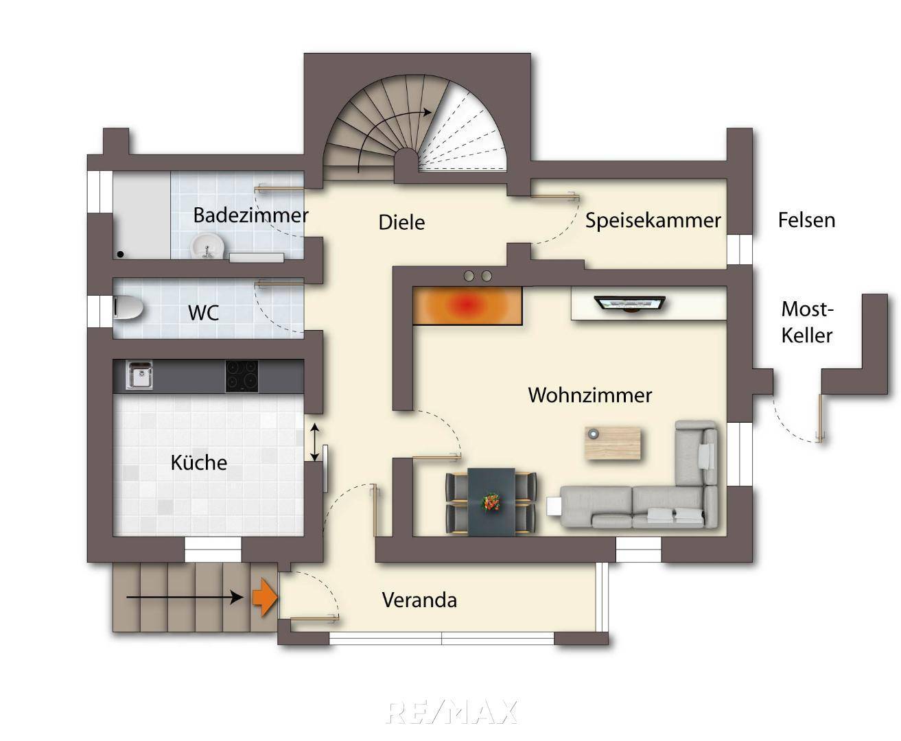 Grundriss EG möbliert als schematische Darstellung