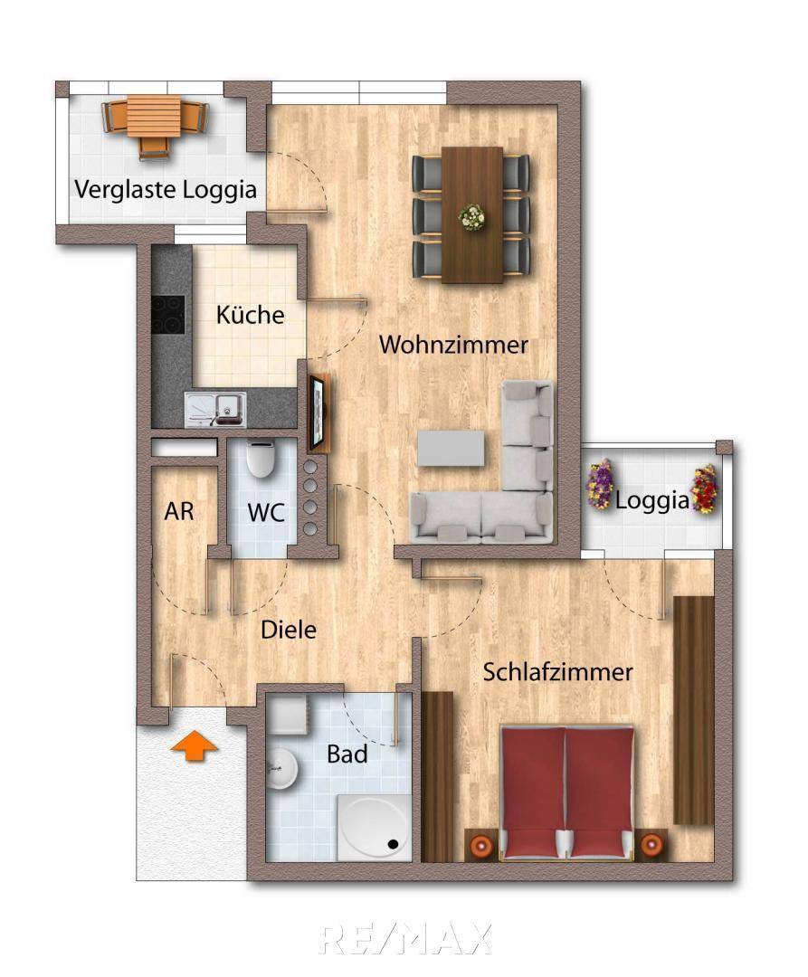 Grundriss als schematische Darstellung möbliert