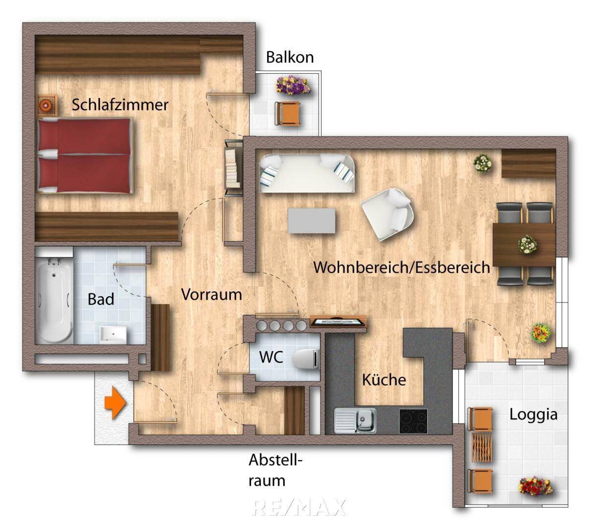 Grundriss als schematische Darstellung möbliert