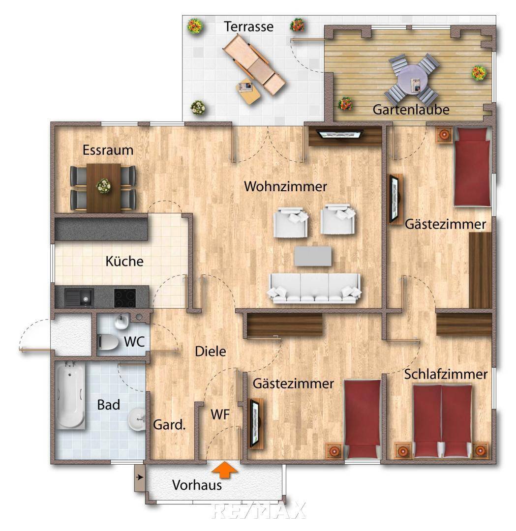 Grundriss als schematische Darstellung möbliert