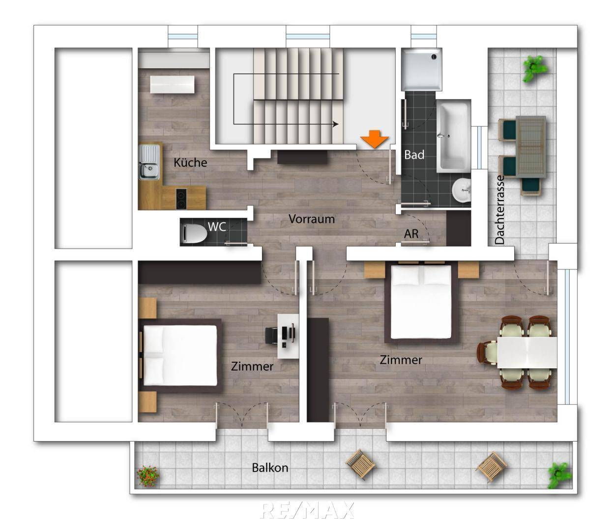 Grundriss als schematische Darstellung möbliert