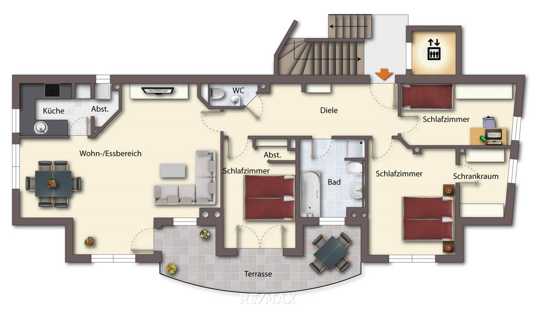 Grundriss möbliert als schematische Darstellung (1