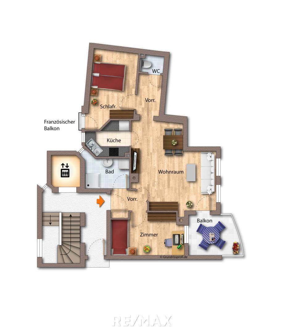 Grundriss als schematische Darstellung möbliert