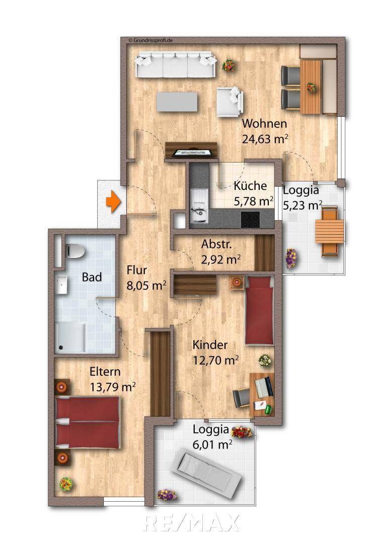 Grundriss als schematische Darstellung möbliert